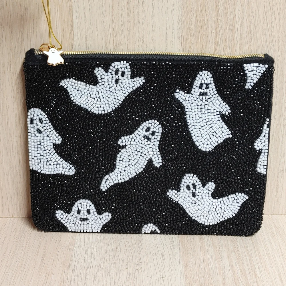 Beaded Ghosts Halloween Pouch Clutch Black 6